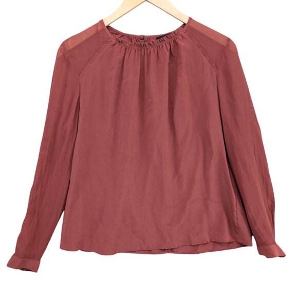 Club Monaco Silk Ruched Neck Top Womens Terracotta Red Long Sleeve Blouse Size M - Picture 1 of 9